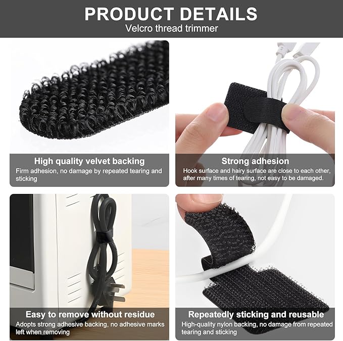 50-Pack Reusable Self-Adhesive Cable Ties Cable Management Adjustable Hook & Loop Straps for Organizing Data Cables, Wires, Headphones Under-Table Cord Management for Home, Office