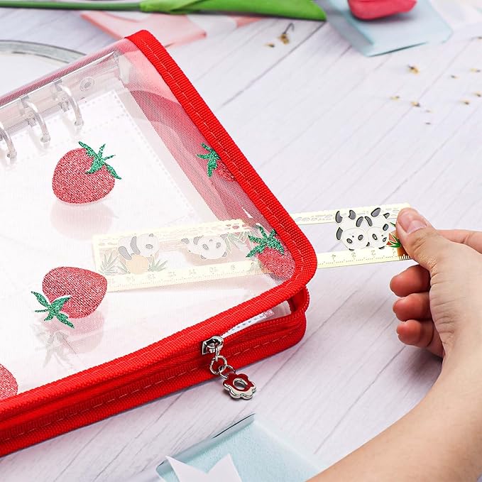 AxeWoodz Red A5 Zipper Binder Clear Refillable Notebook Shell Cute Strawberry Lace Cover 6 Ring PVC Binder Cover for Photocard Planner Journal Photo Album