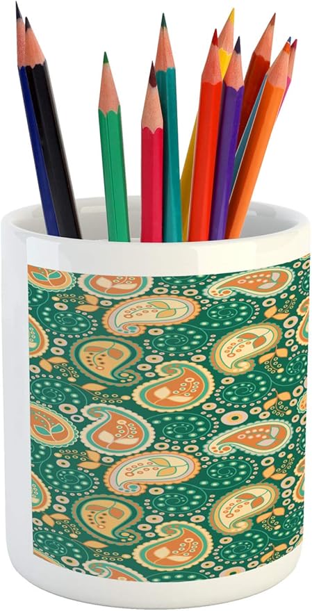 Ambesonne Ethnic Pencil Pen Holder, Paisley Leaves with Folkloric Features Floral Pattern, Printed Ceramic Pencil Pen Holder for Desk Office Accessory, Apricot Hunter Green