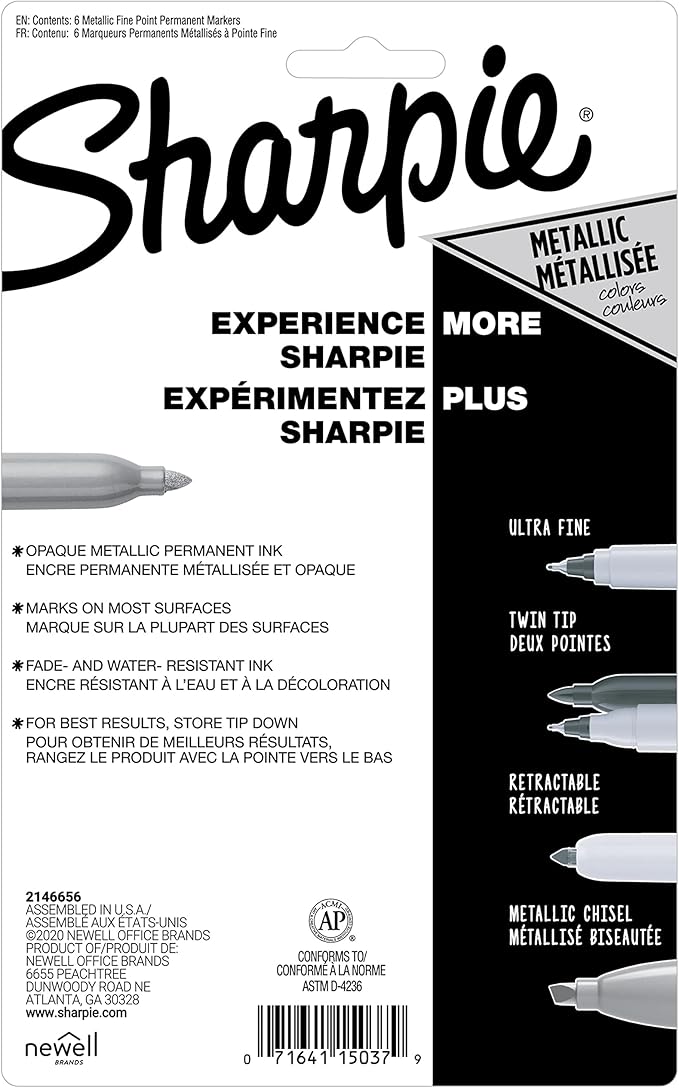 Sharpie Metallic Permanent Markers, Fine Tip, Assorted Colors, 6 Count - Arts & Crafts, Quick Drying, Great for Dark Surfaces
