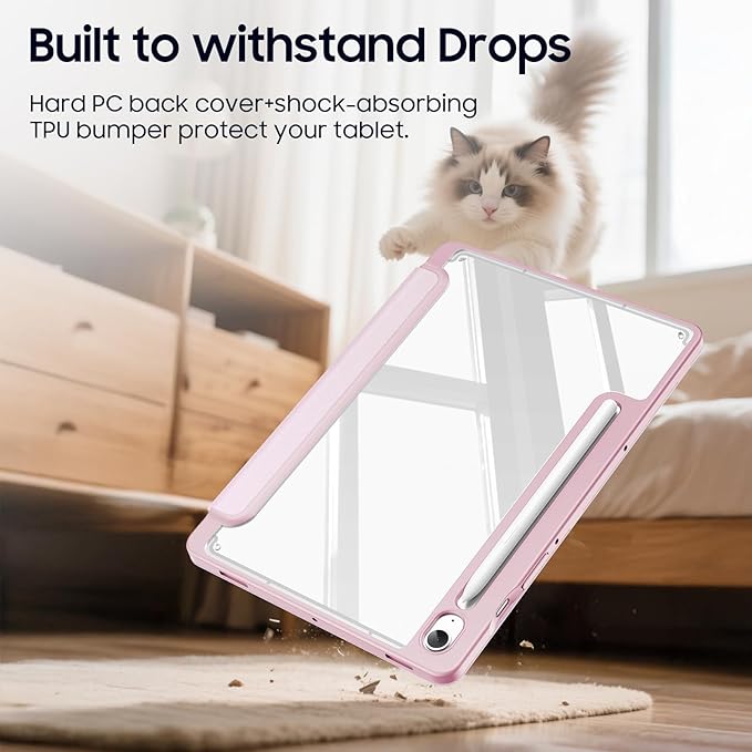 Fintie Hybrid Slim Case for Samsung Galaxy Tab S10 Lite/ S10 FE/ S9 FE 10.9 Inch/Tab S9 11 Inch with S Pen Holder, Shockproof Cover with Clear Transparent Back Shell, Auto Wake/Sleep, Pink