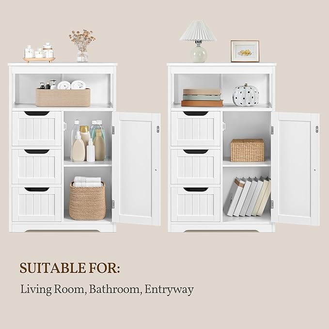 Yaheetech Bathroom Floor Cabinet Wooden Storage Organizer with 1 Door and 3 Drawers, Free-Standing Cupboard for Kitchen/Living Room/Bathroom Use, White