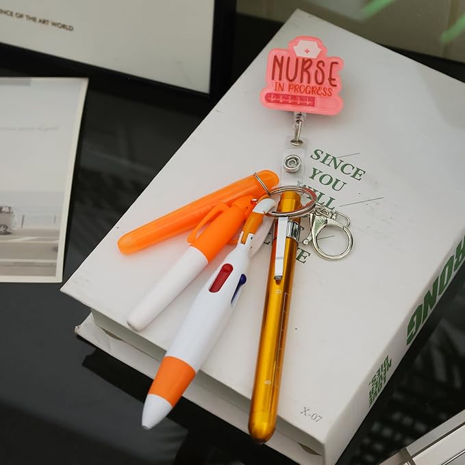 Student Nurse Pen Set Badge Reel Holder Accessories Clip, Retractable Mini Nursing Pen & Light Tool Set, Highlighter pens and Highlighter pens(Orange)