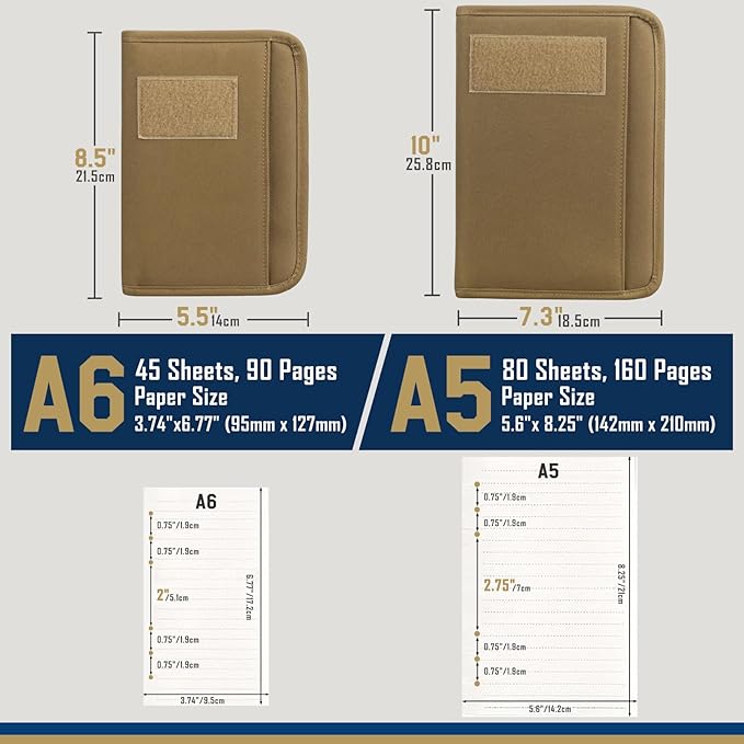 WYNEX Tactical Notebook Padfolio Ring Binder - Refillable A5 6-Ring Binder, Zip Hardcover Notebook with 80 Pages, Water-Resistant Notebook Cover for Planners, College, Office, Field, Gift