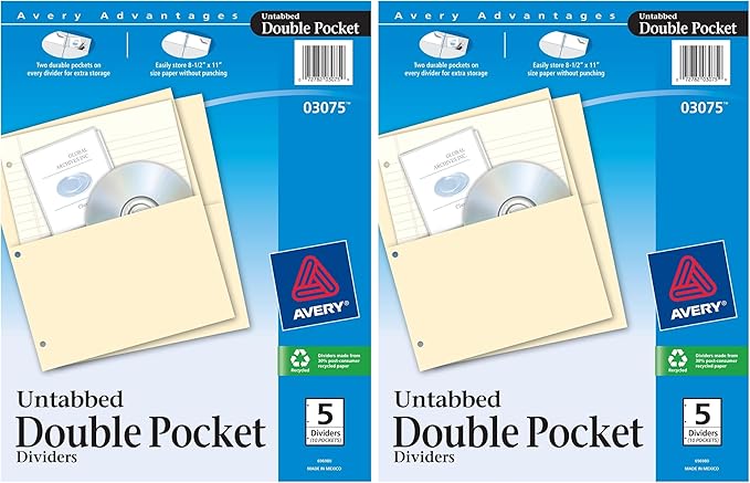 Avery Untabbed Double Pocket Dividers for 3 Ring Binders, Manila, 5 Dividers (03075) (Pack of 2)
