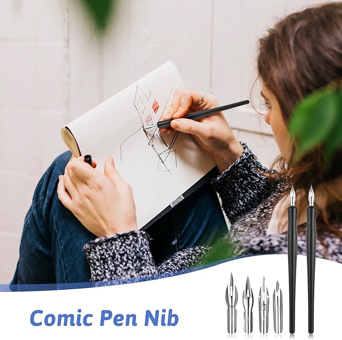 14 Pcs Dip Pen Set Comic Pen Nib Set 12 Stainless Steel Pens Nibs with 2 Wooden Drawing Pens Holder G-Pen Ink Nib for Calligraphy, Comics, Signatures, Drawings (Black)