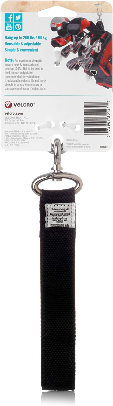 VELCRO Brand Easy Hang Strap | Heavy Duty Outdoor Storage Extension Cords, Cables, Tools, Bikes | Organization for Garden, Shed, RV |, Medium - up to 200 lbs, Black, 1 Count (Pack of 1)