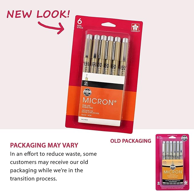 SAKURA Pigma Micron Fineliner Pens, 05 Tip Size, Archival Black Ink, 6PK 50038