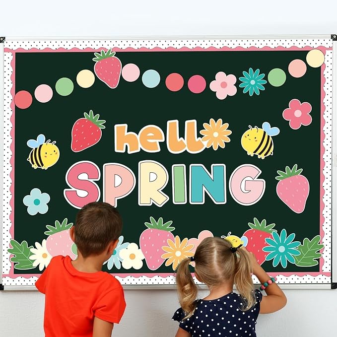 Hello Spring Bulletin Board Decorations Set Strawberry Cutouts Flowers Bulletin Board Decorations Floral Theme Blackboard Borders Flowers Cutouts for School Classroom Wall Decor