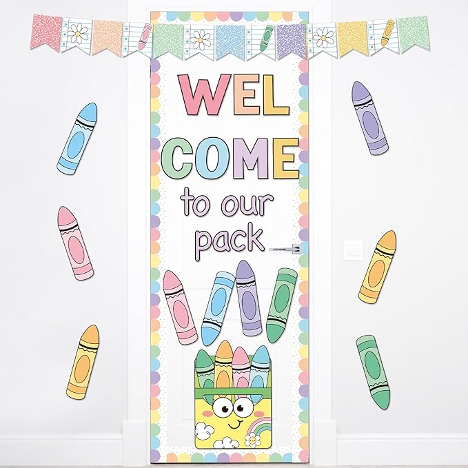 Pastel Welcome to Our Pack Bulletin Board Decoration Crayons Back to School Board Set Notebook Crayon Theme Paper Cutouts Welcome Classroom Supplies for School Office Chalkboard Walls Door Decor