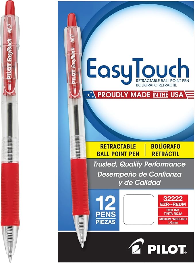 PILOT EasyTouch Refillable & Retractable Ballpoint Pens, Medium Point, Red Ink, 12-Pack (32222)
