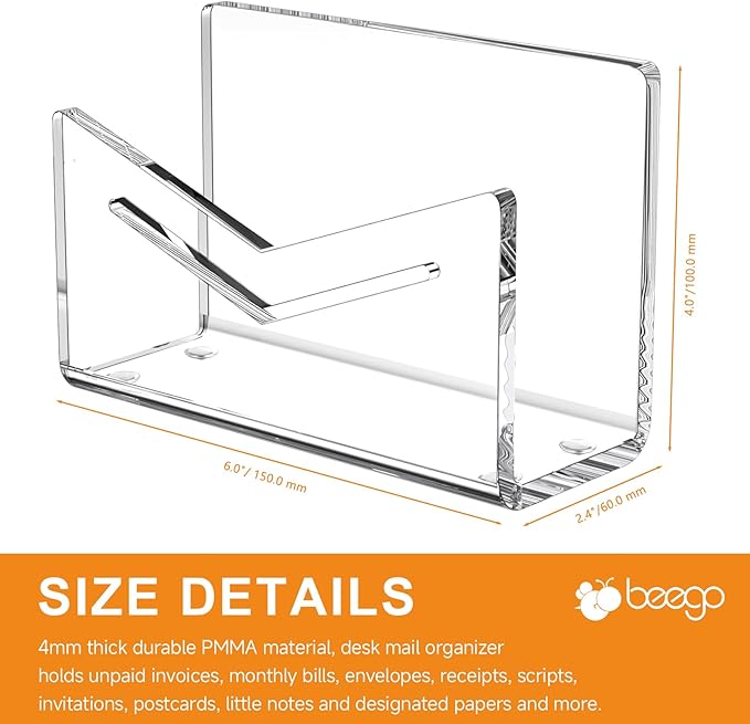 Beego Envelope and Mail Organizer Countertop - Clear Acrylic Desk Organizer Letter Holder Desktop File Sorter Bill Document Folder Rack for Office, Home, School Desk Organization