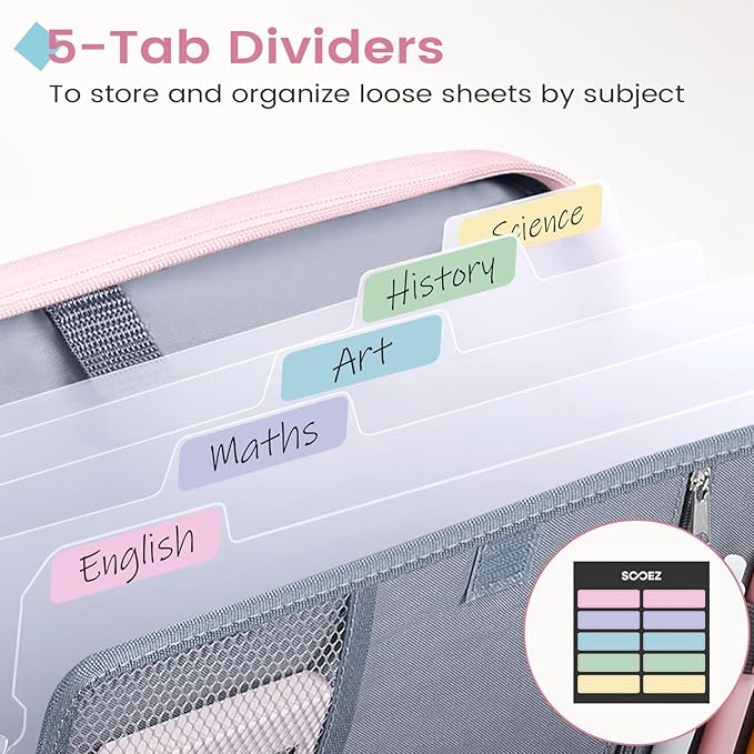 Sooez Zipper Binder Bag, 1 Inch Binders 3 Ring O-Ring, 5-Tab Dividers Expanding File Folder, 420-Sheet Capacity Three Ring Binder, Cute Organizer Storage for Student School Classroom Supplies, Pink