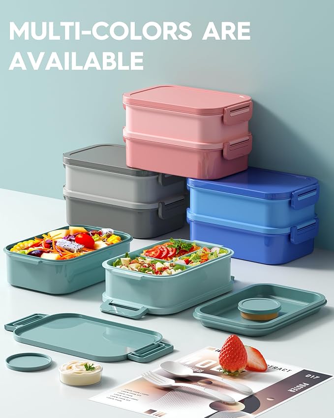 Adults Bento Lunch Box Set with Thermo Bag, 74oz Stackable Leak-proof 3-tiers Bento Box, Built-in Utensil and Sauce Container for Work, School, Dining Out (Green)
