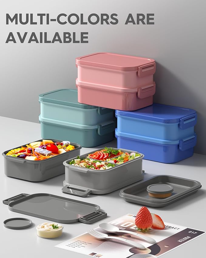 Adults Bento Lunch Box Set with Thermo Bag, 74oz Stackable Leak-proof 3-tiers Bento Box, Built-in Utensil and Sauce Container for Work, School, Dining Out (Gray)