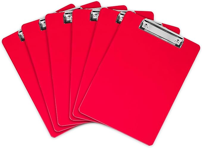 Plastic Clipboards (Set of 6) Multi Pack Clipboard (Red) Strong 12.5 x 9 Inch | Holds 100 Sheets! Acrylic Clipboards with Low Profile Clip | Cute Aesthetic College School Supplies for Girls and Boys