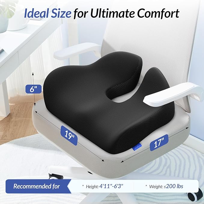 ZIKEE Thickened Seat Cushion, Ergonomic Memory Foam Hemorrhoid Pillow for Hip, Sciatica, Long Sitting Relief, 6.0" Thick Office Chair Cushion with Widened Cutout for Tailbone Pain Relief in Car, Home