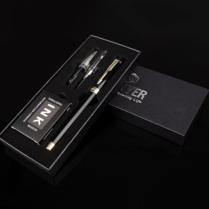 Fountain Pen with Fine Nib & Black Ink, Refillable & Elegant Bent Nib Design, Calligraphy Pens for Writing, Best Fountain Pen for Smooth & Fancy Writing (Black)