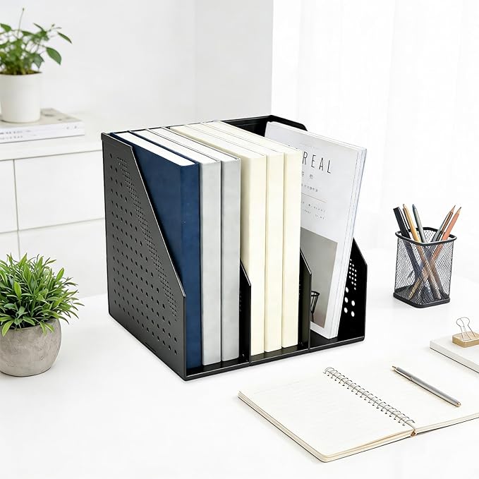 SAYEEC 1Pcs Collapsible Plastic Magazine File Holder Vertical Binder Storage Organizer for Desk Sturdy Upright Desktop Magazine Organizer Folder Rack for Office School Home (3 Compartments, Black)