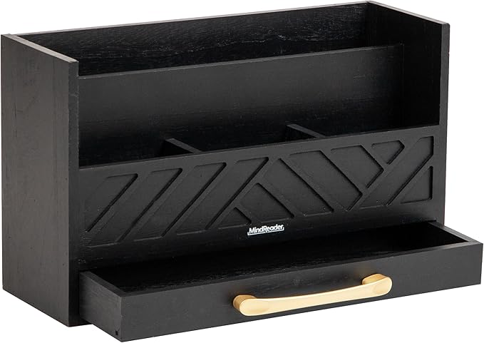 Mind Reader 5-Compartment Desktop Organizer, Rustic Wooden Storage Rack with Drawer for Papers, Accessories, and Office Supplies, 12.5" L x 4.25" W x 7.5" H, Black