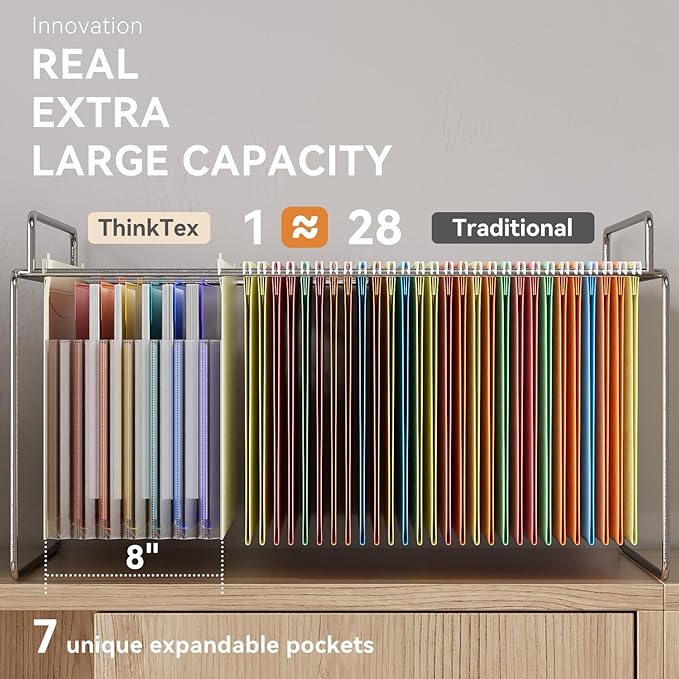 ThinkTex Plastic Expanding Hanging File Folders, 7 Innovative 1.2" Accordion Pockets, Large Capacity, Multi-Color Tabs, Letter Size for Filing Cabinet - Blue