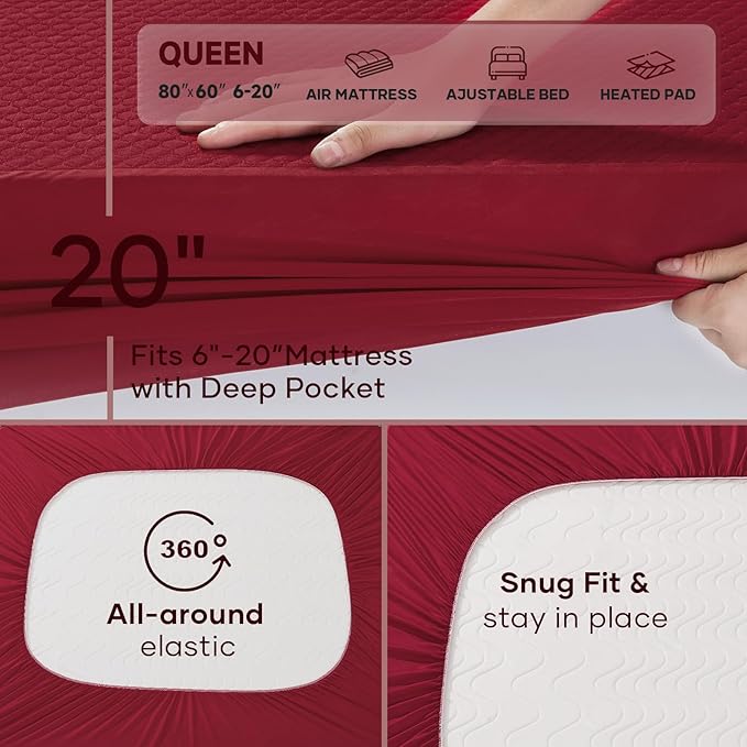 OhGeni 100% Waterproof Mattress Protector,Queen Size Mattress Soft Pad,Hair & Bedwetting Resistant,Cooling Breathable Fitted Sheets,Washable Bed Cover,Non-Slip Deep Pocket,Noiseless for Bedroom,Red