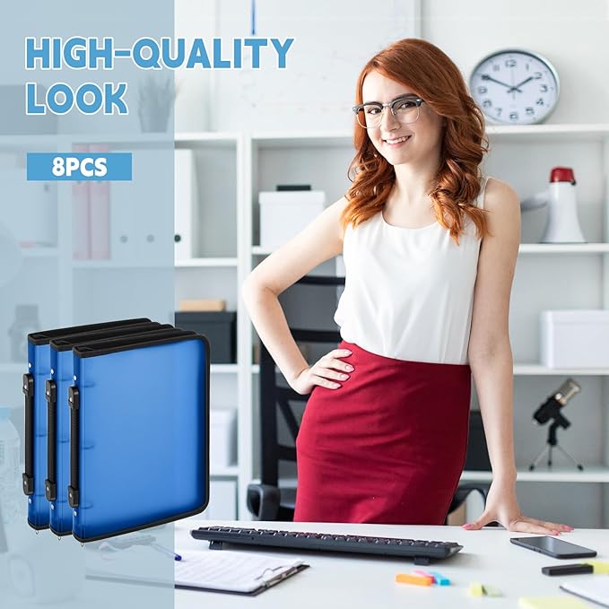 Teling 8 Pcs Plastic Zipper Binders with 3 Ring Zipper Binder, Refillable File Organizer Planner for Projects, Assignments, Memos, School Work (1 Inch,Blue)