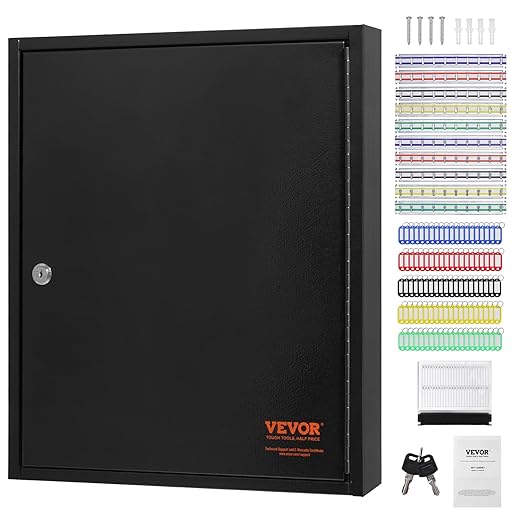 VEVOR 100-Key Cabinet, Key Lock Box with Adjustable Racks, Security Key Storage Box Steel, Key Organizer with 100 Colorful Key Tags and 2 Record Cards for School, Office, Hotel