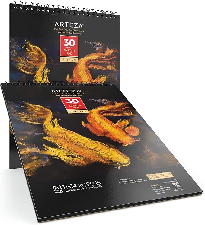 ARTEZA Spiral Sketch Book 11x14 Black Art Paper Drawing Pad 2 Pack 30 Sheets Sketch Pads for Drawing