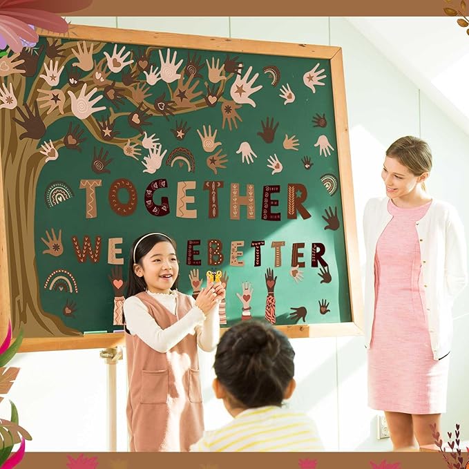 Pasimy Student Diversity Bulletin Board Sets Boho Classroom Decor Rainbow Equality Tree Handprint Cutouts Inclusion Multicultural Bulletin Board for Back to School Wall Door Decorations(Retro)