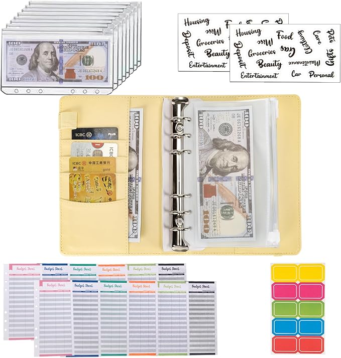 NICOOTHBudget Binder Cash Envelopes A6 Money Saving Binder with Zipper envelopes (A6Yellow)