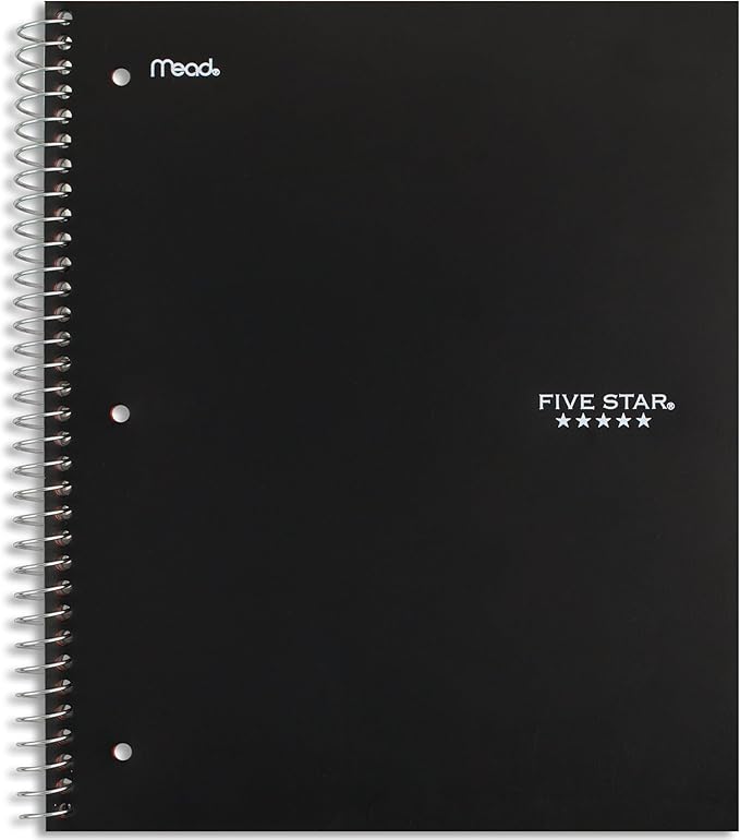 Five Star Spiral Notebook + Study App,5 Subject,Wide Ruled Paper,8" x 10-1/2",200 Sheets,Fights Ink Bleed,Water Resistant Cover,Black (72045),(Pack of 6)
