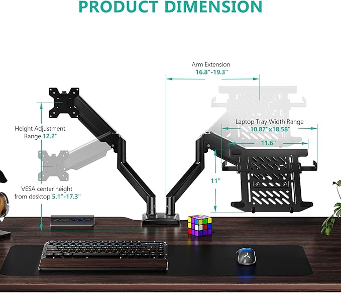 WALI Dual Arm Laptop and Monitor Desk Mount for 17" Notebook and Up to 32" Screen, Gas Spring Dual Monitor Arm with Laptop Tray, Holds up to 19.8 lbs per Arm, VESA 75x75 100x100, Black (GSMP002LP)