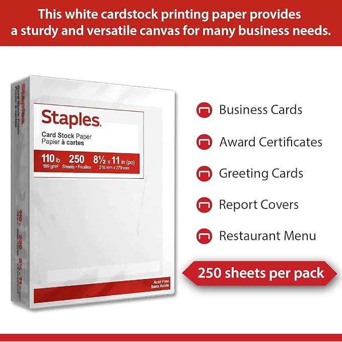Staples Cardstock Paper, 8.5-Inch x 11-Inch Paper Size, Matte White, 110 lbs., For Office, School & Home