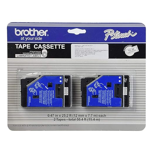 Brother BRT-TC20 TC Style Replacement Tape Cartridge for P-Touch Labeler, 1 mm Height, 12 mm Wide, 1 mm Length, Borosilicate Glass, Black/White (Pack of 2)
