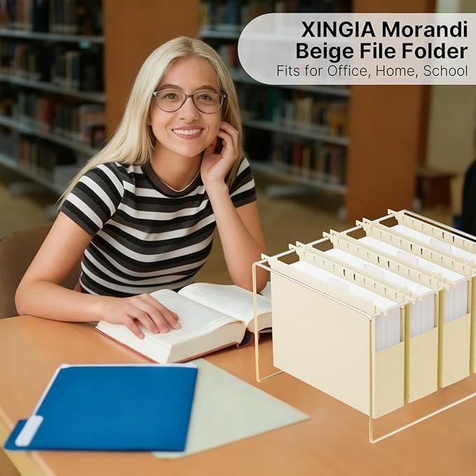 XINGIA Wheat Straw Plastic Hanging File Folders,2 Inch Expansion Letter Size Filing Cabinet Folders,Heavy Duty Expandable File Folder,12 Pack Extra Capacity Hanging Folders with Tab (Morandi Beige)