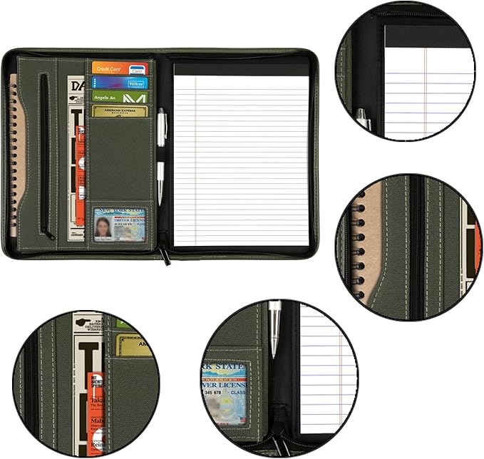 Zippered Portfolio Organizer/ A4 Refillable Lined Writing Notepad Folder Case/Fabric-Covered Padfolio Binder with Interior Storage Pocket for Men Women.Dark Olive