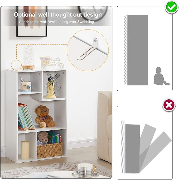 VECELO Small White Bookshelf, 5 Cube Shelf, Fits Tallest Hardcovers, Horizontal Available, Storage Organzier for Home Office,White