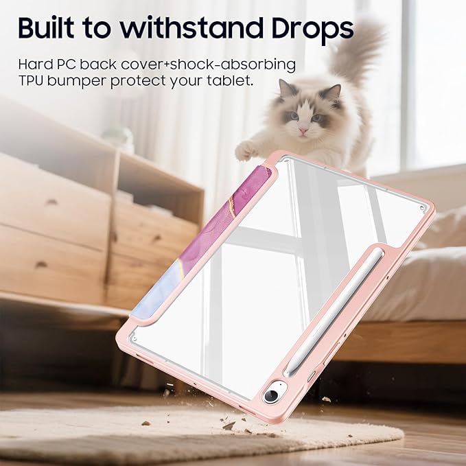 Fintie Hybrid Slim Case for Samsung Galaxy Tab S10 Lite/ S10 FE/ S9 FE 10.9 Inch/Tab S9 11 Inch with S Pen Holder, Shockproof Cover with Clear Transparent Back Shell, Auto Wake/Sleep, Dreamy Marble