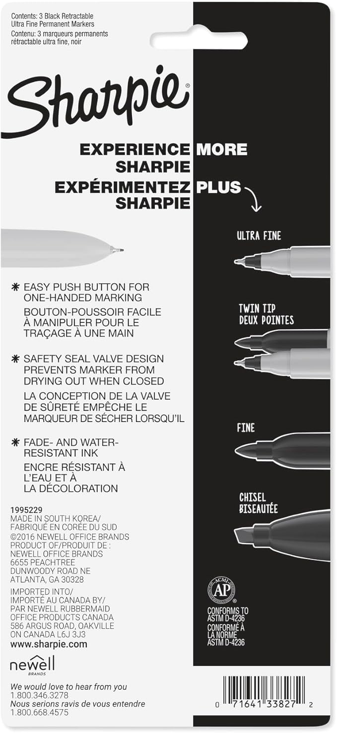 Sharpie Retractable Permanent Markers, Ultra Fine Point, Black, 3 Count