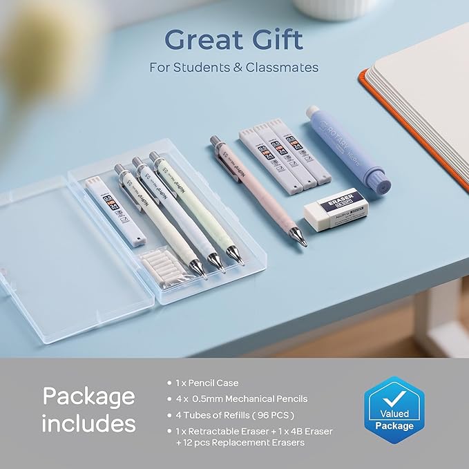 Nicpro Cute Mechanical Pencil Set, 4PCS 0.5mm Pastel Drafting Pencils with 4 Tube HB Lead Refills, 4B Erasers, Rotary Retractable Eraser and Eraser Refill for Writing Sketching Back to School Supplies