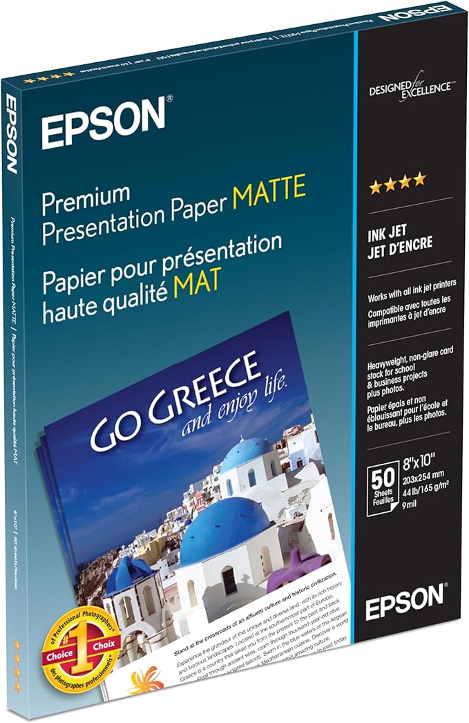 Epson Premium Presentation Paper MATTE (8x10 Inches, 50 Sheets) (S041467),Bright White
