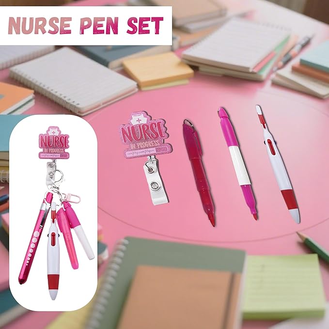 Student Nurse Pen Set Badge Reel Holder Accessories Clip, Retractable Mini Nursing Pen & Light Tool Set, Highlighter pens and Highlighter pens(Pink)