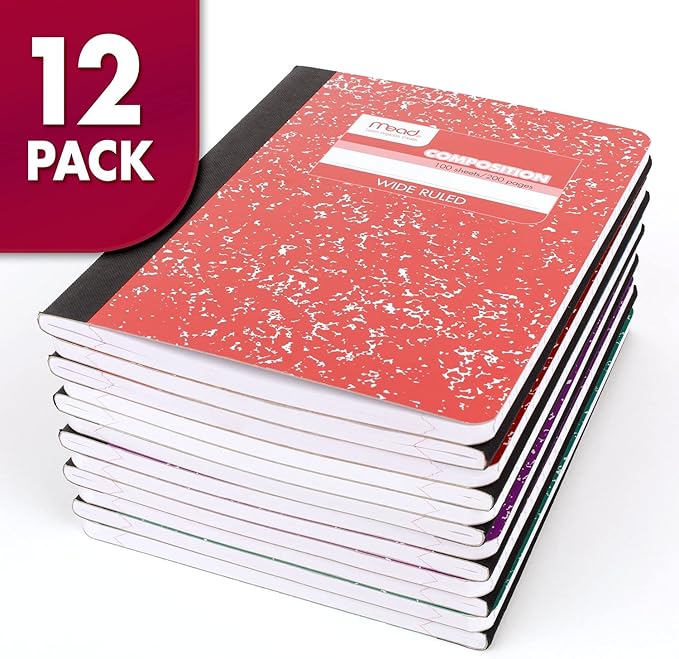 Mead Composition Notebook, 12 Pack, Wide Ruled Paper, 7-1/2" x 9-3/4", 100 Sheets per Comp Book, Colors Will Vary (963759)