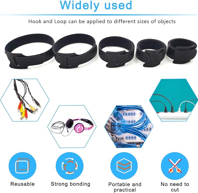 100pcs Reusable Cable Ties - Hook and Loop Cable Straps for Wire Management - Adjustable Cord Organizer & Wire Ties for Electronics, Home, Office & Desk - 4 Sizes (8/6/5/4 Inch)