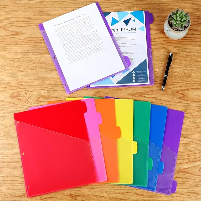 Epakh 12 Pcs Binder Dividers for 3 Rings Binders Index Dividers with Two Clear Pockets Plastics Sheets Protectors with Tab Labels for School Office Organization (Colorful)