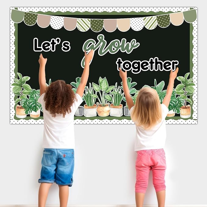 Spring Greenery Classroom Bulletin Board Decorations Potted Plant Bulletin Board Set Motivational Let’s Grow Green Leaves Cutouts for Wall Decor Elementary Back to School Teacher Supplies