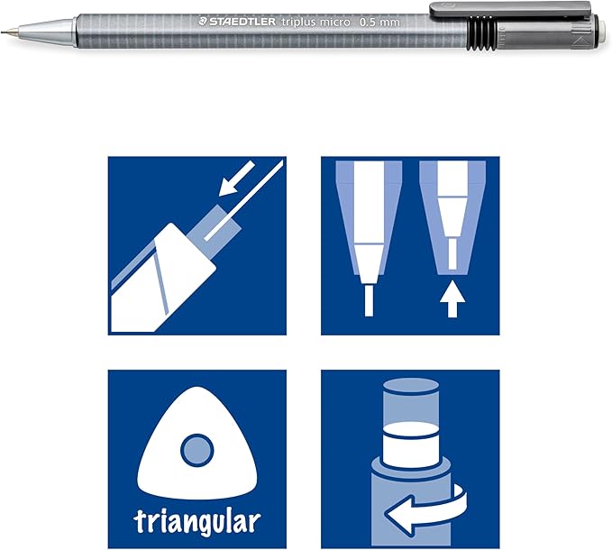 STAEDTLER Triplus Micro Mechanical Pencils (#2) 0.5mm lead, Retractable with Twist Eraser, Ergonomic Triangular Grip for Writing, Drawing & Drafting, 3-Pack