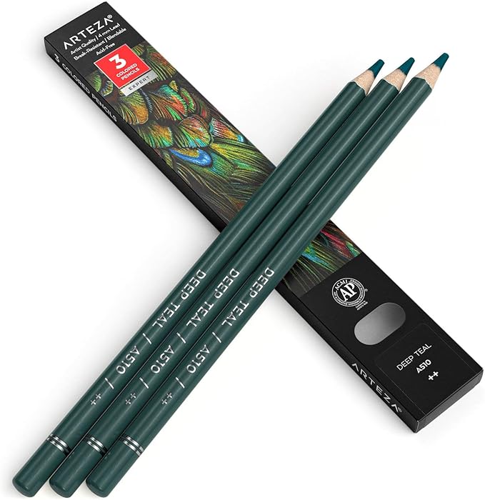 Arteza Colored Pencils, Pack of 3, A510 Deep Teal, Soft Wax-Based Cores, Ideal for Drawing, Sketching, Shading & Coloring