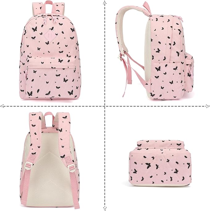 Corduroy Girls Backpack Set, 3PCS School Backpacks for Kids Elementary Middle School Bags with Lunch Box Pencil Case (Pink Corduroy Butterfly)